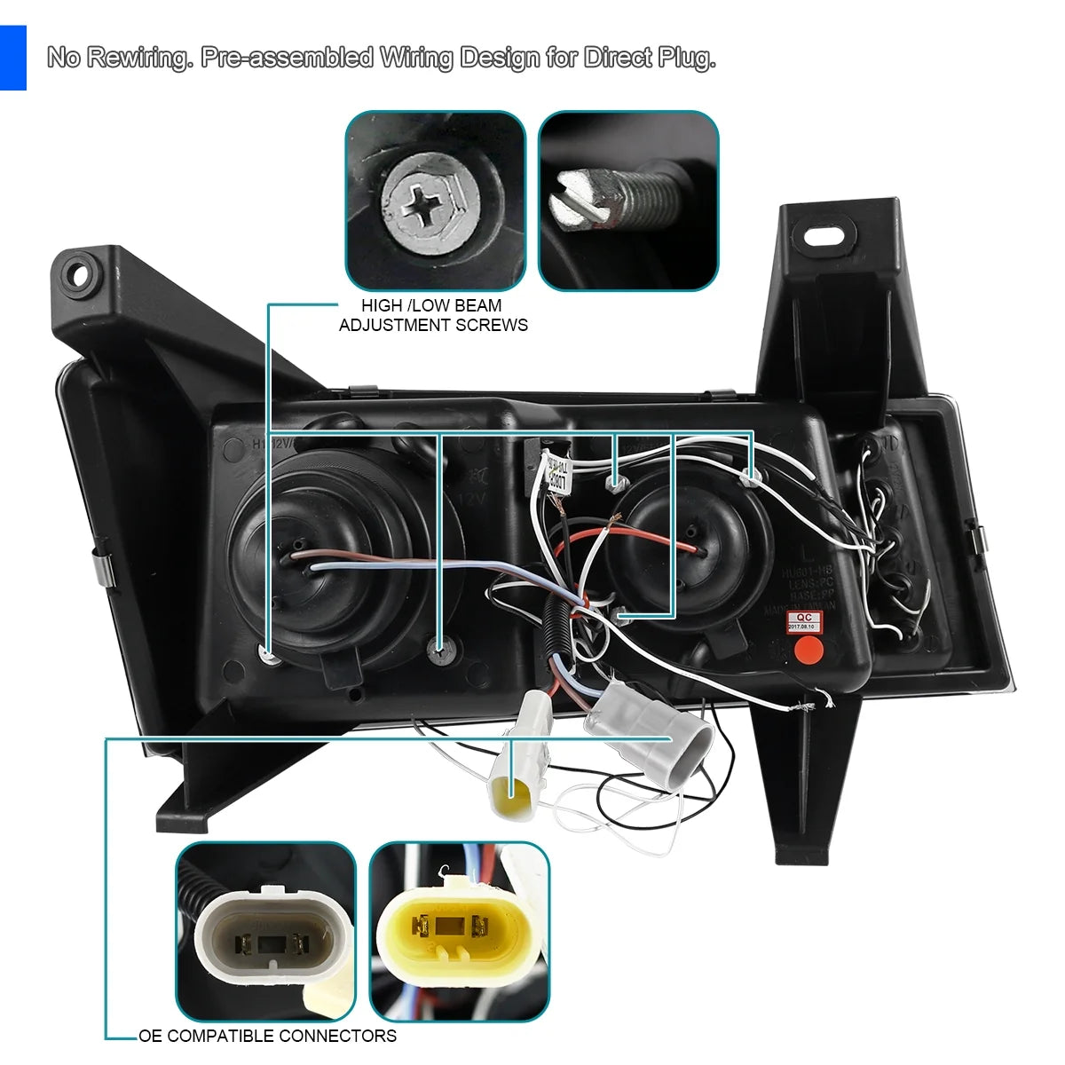 Black Housing Clear Lens LED Halo Projector Headlights, L/R Pair B117