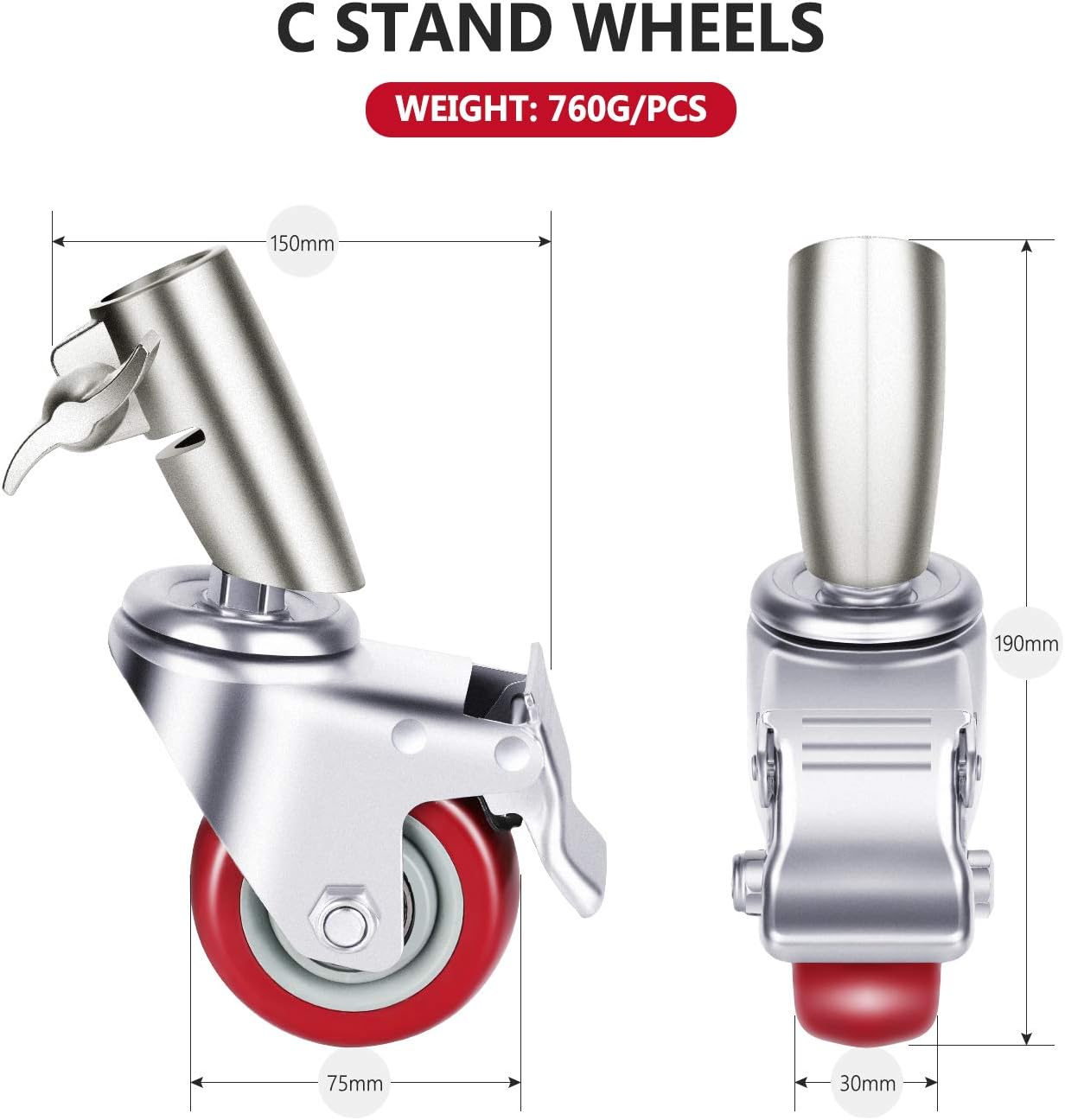 3 Packs Swivel Caster Wheels Set with 75mm Diameter Metal Rubber Base V7615