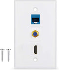 White 3 Port Wall Plate with Coaxial TV Cable F Type Cat6 Ethernet HDMI Keystone Female to Female Jack P367