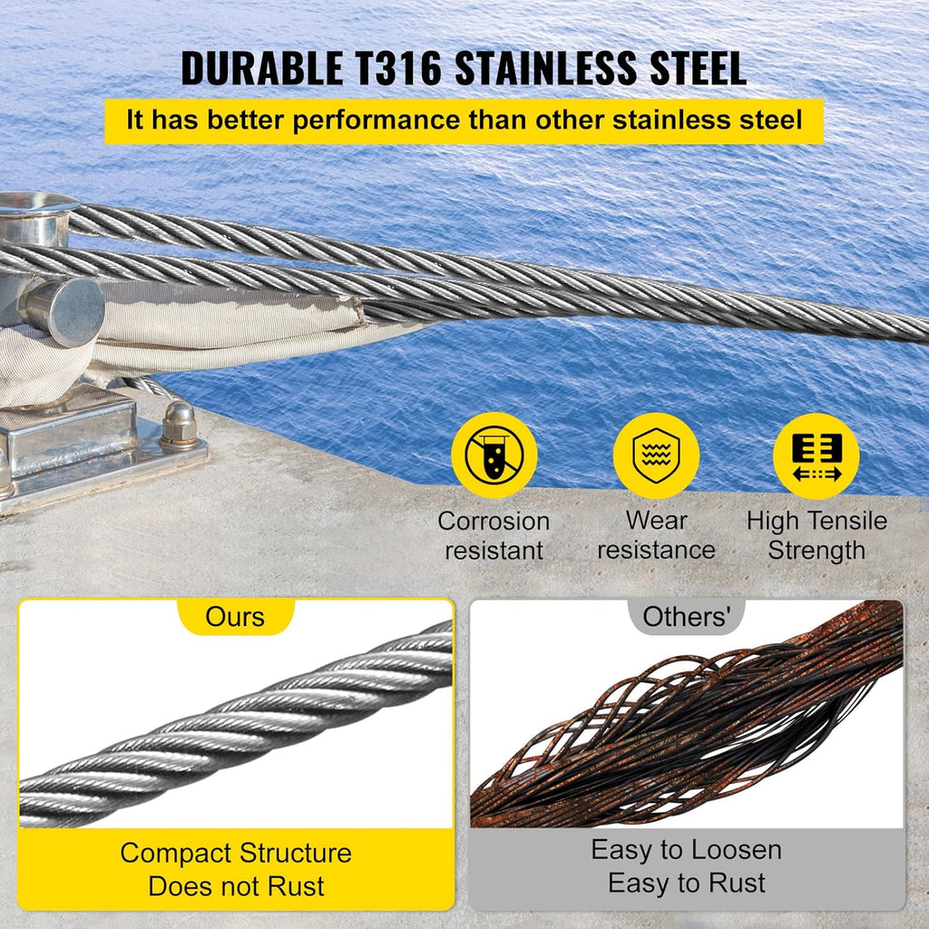 316 Stainless Steel Cable 1000FT Wire Rope 3/16 Inch 1x19 J29188
