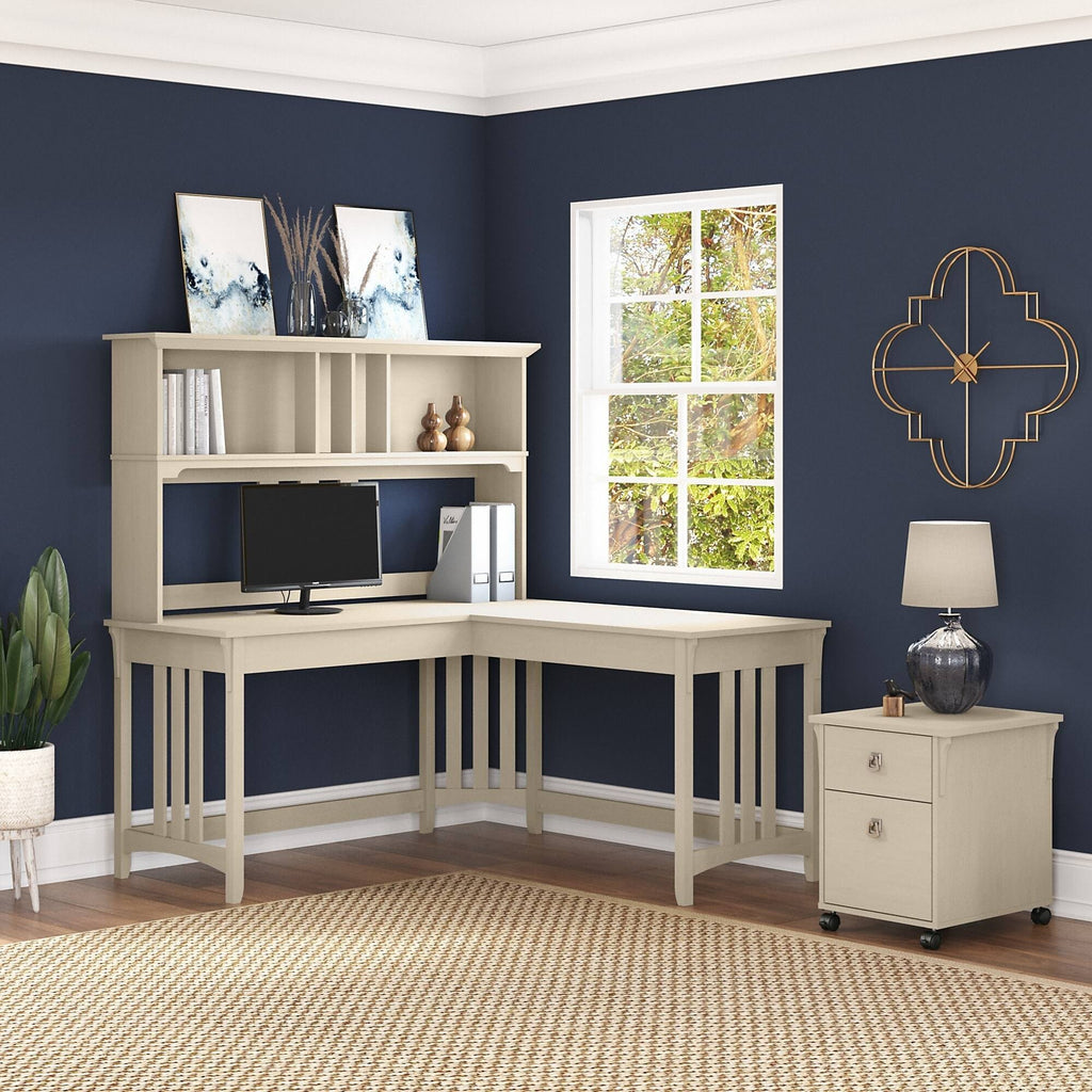 Antique White L Shaped Writing Desk with Hutch and Mobile File Cabinet P630488