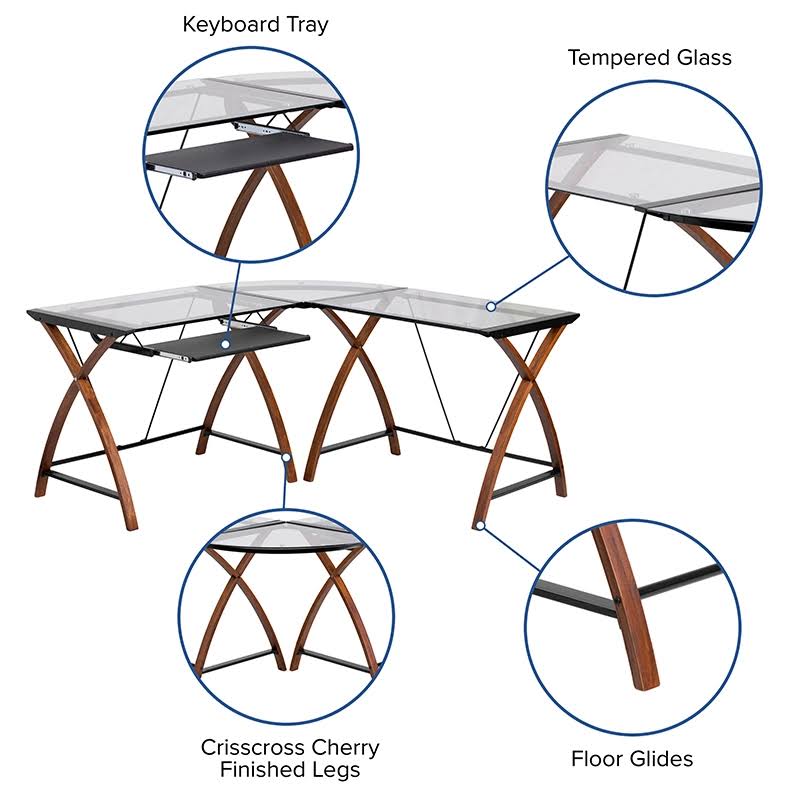 Glass L-Shape Desk with Pull-Out Keyboard Tray Q4492
