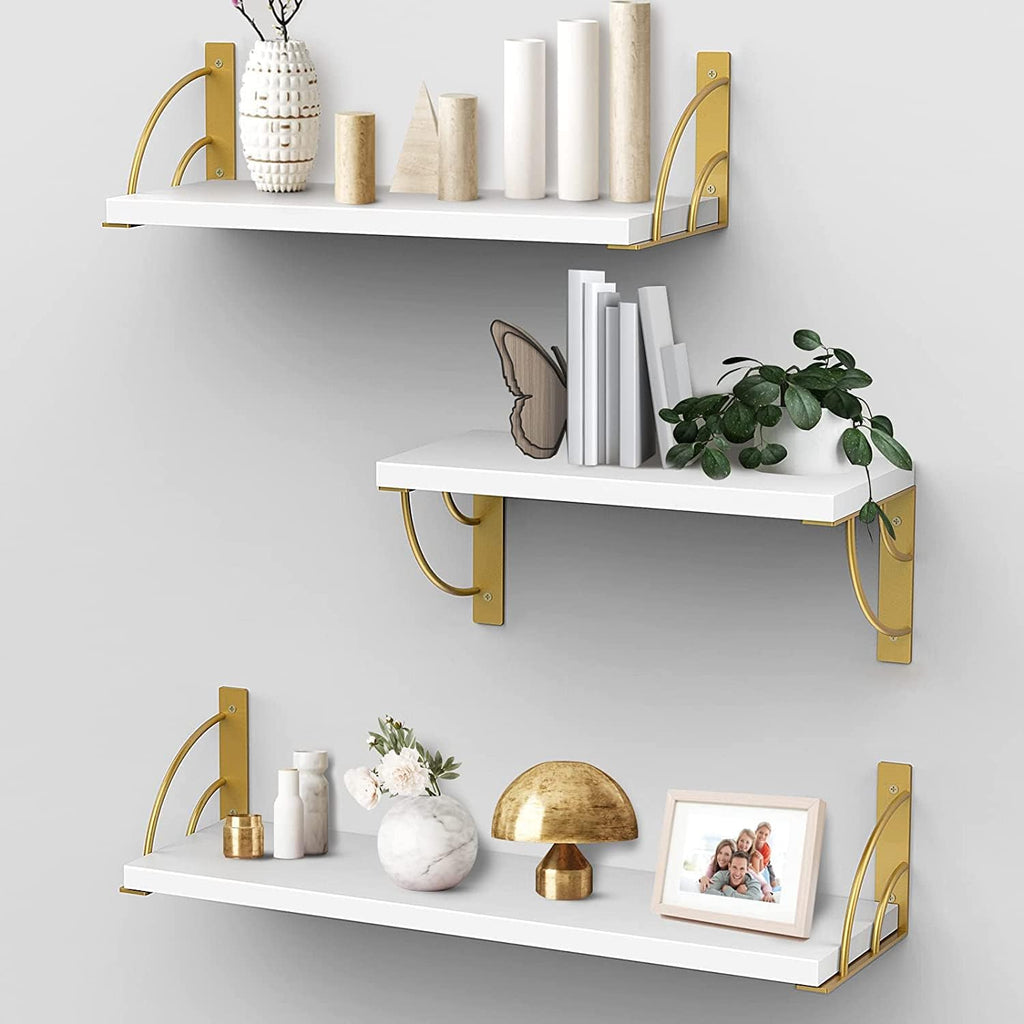 White Floating Wall Shelves Set of 3 with Metal Brackets F506505