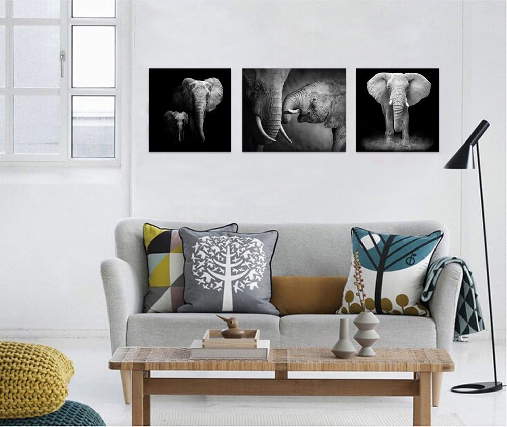 Black and White Elephant Canvas Wall Art Prints, Ready to Hang M21311