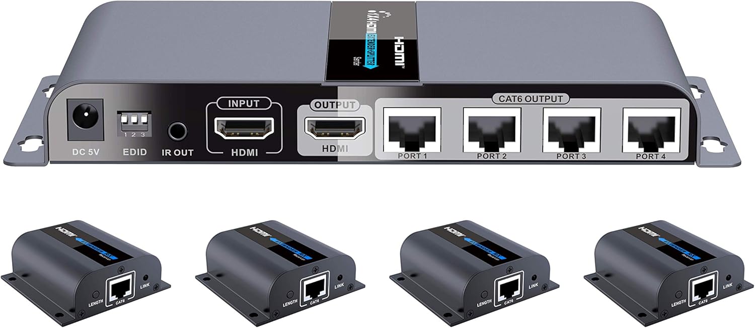 1080P 1x4 HDMI Splitter Over Cat6 Extender with IR, Up to 40M Or 131 Ft Q371999