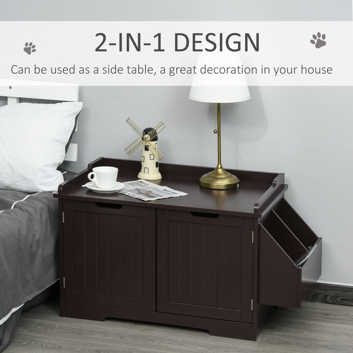 Brown Wooden Cat Litter Box Enclosure with Nightstand and Storage Rack Q42530
