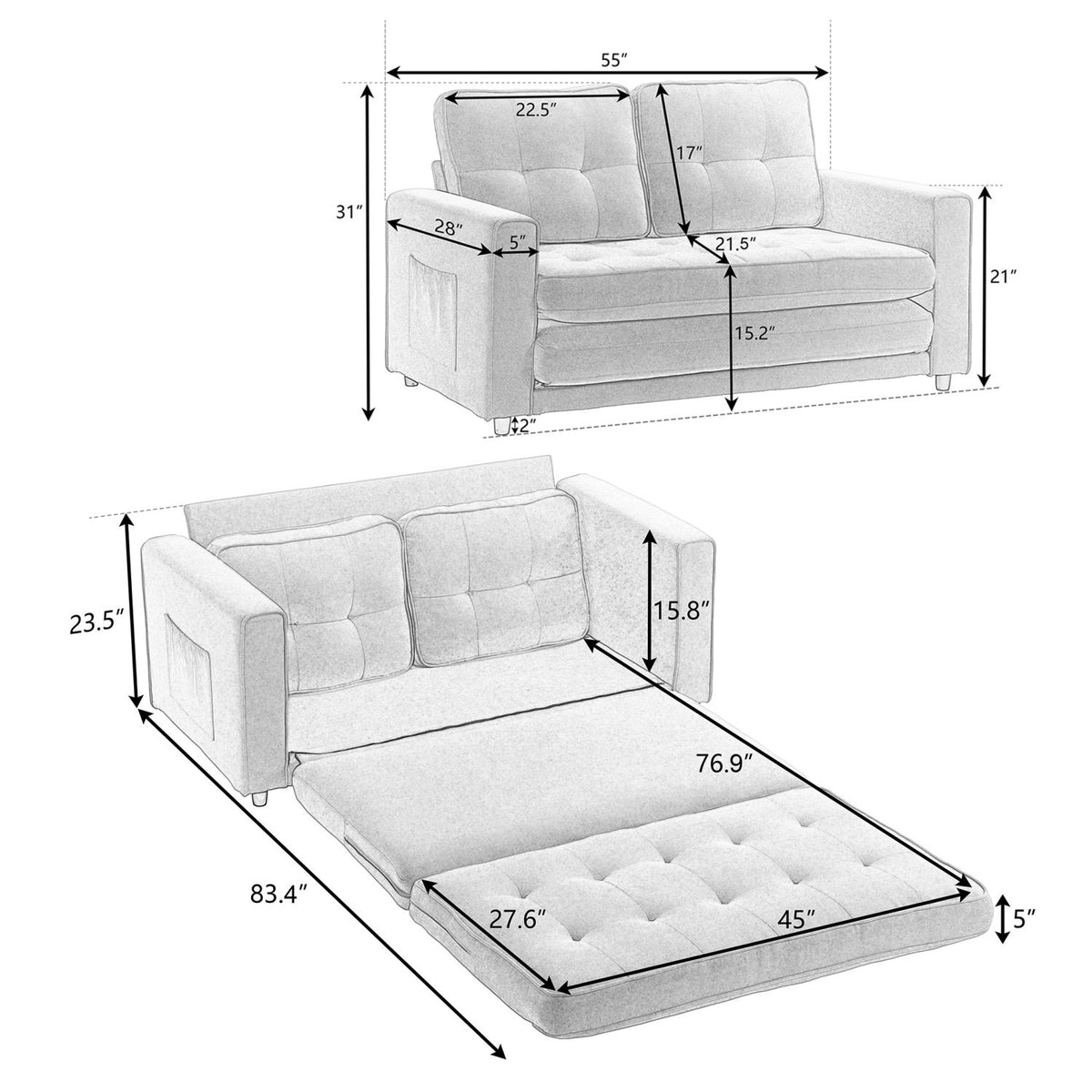 Fabric Sleeper Sofa 3-in-1 Pull Out Bed Folding Sofa F698