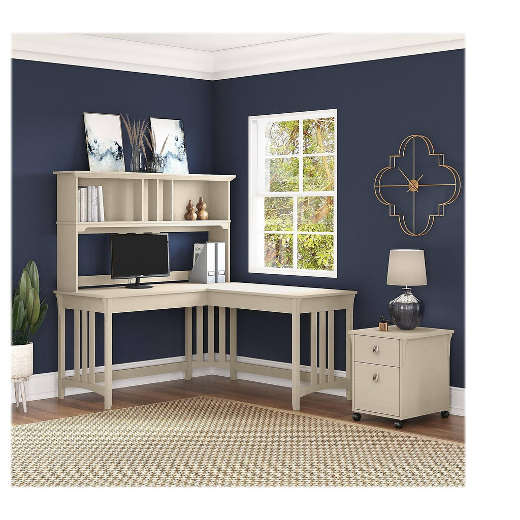 Antique White L Shaped Writing Desk with Hutch and Mobile File Cabinet P630488