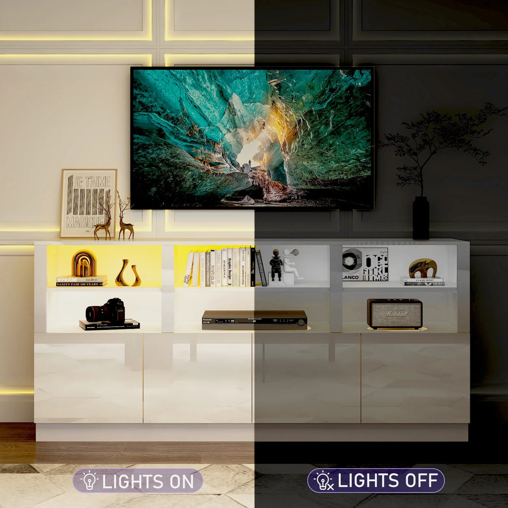 White 70" LED TV Stand with 6 Shelves and Storage Cabinets Z6056