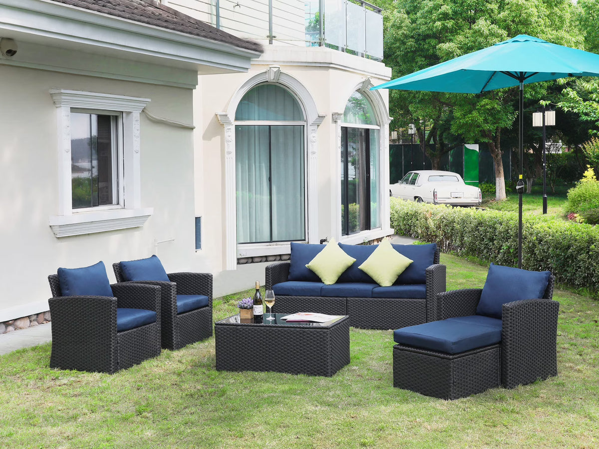 Blue 8 Pcs Wicker Patio Conversation Set with Coffee Table and Ottoman C910