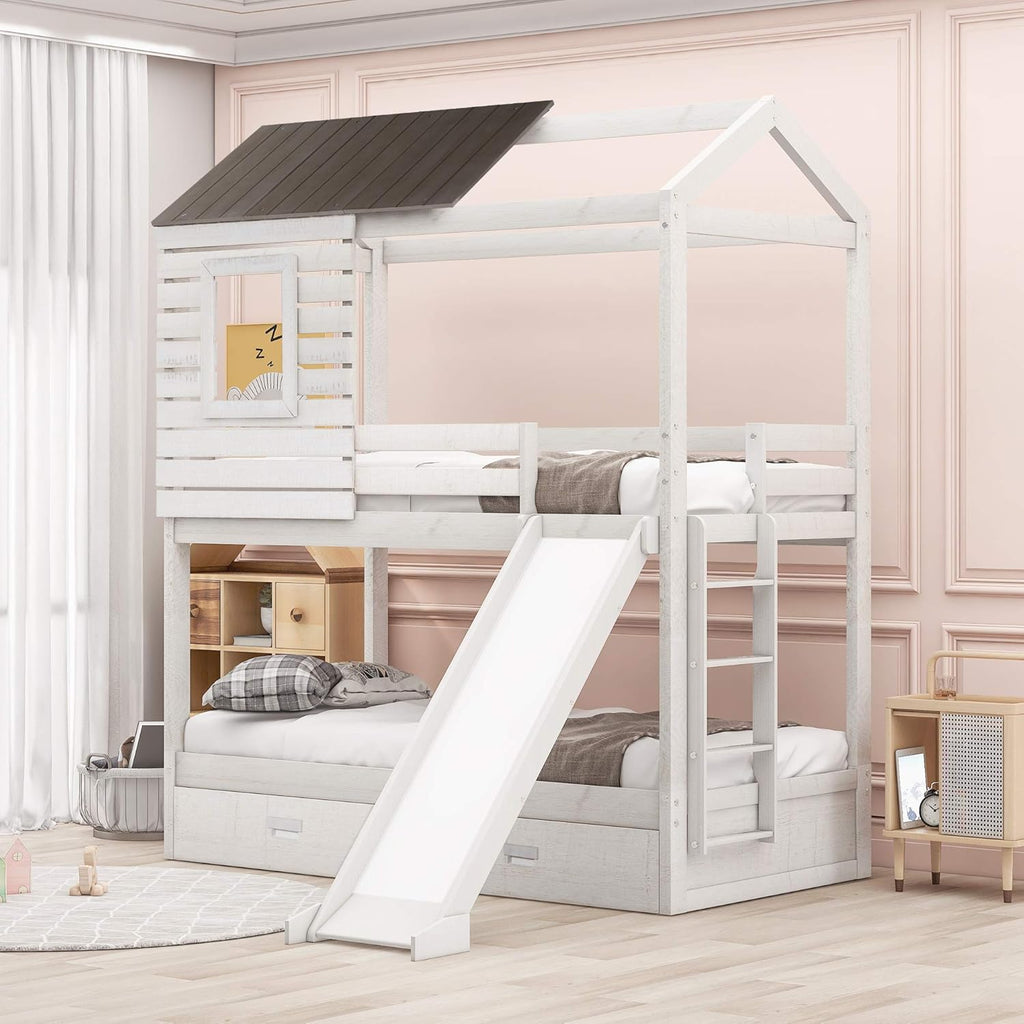Twin Over Twin Metal Bunk Bed with Slide and Integrated Ladder N96525