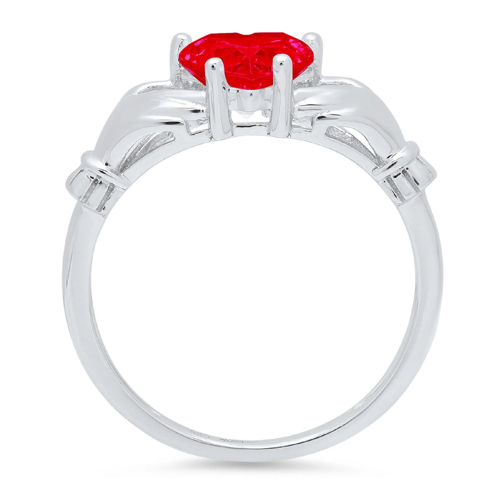 1.06ct Heart Cut Red Simulated Ruby 18k White Gold Claddagh Ring Size 3.5 B766