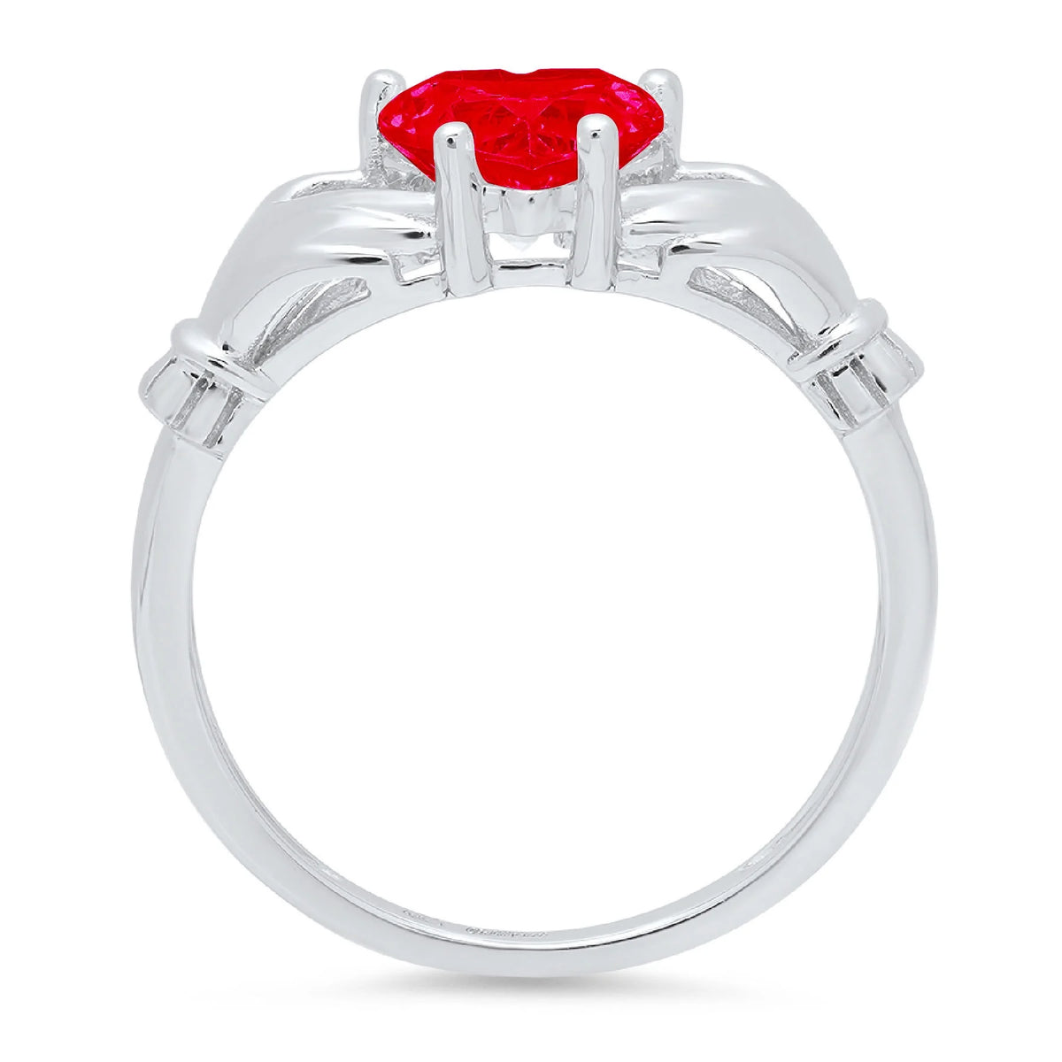 1.06ct Heart Cut Red Simulated Ruby 18k White Gold Claddagh Ring Size 3.5 B766