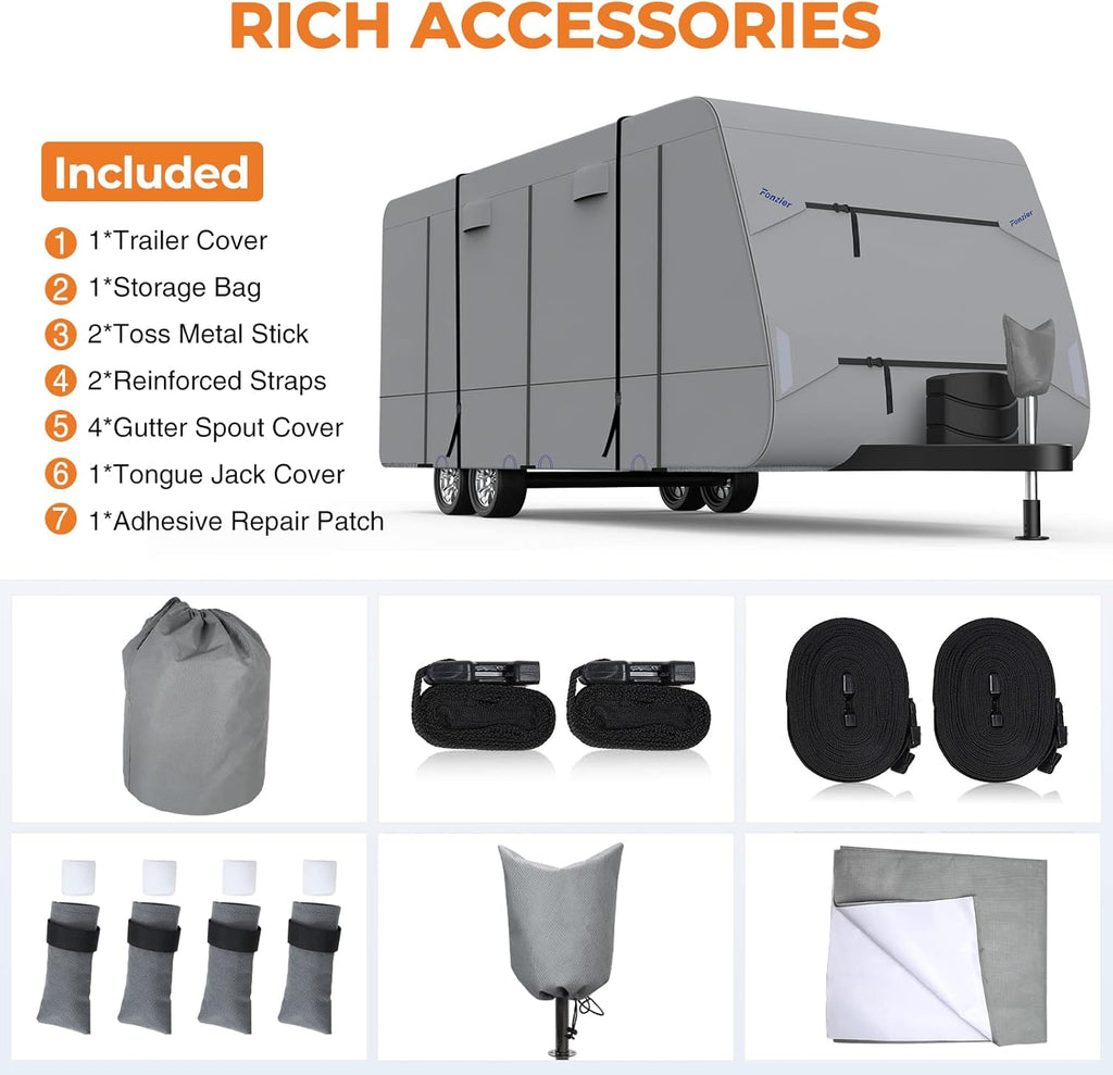 5 Layers Travel Trailer RV Cover Heavy Duty Camper Cover Anti-UV, Rip-Stop, Breathable with Tongue Jack Cover, 2Pcs Straps & Gutter Covers B64300