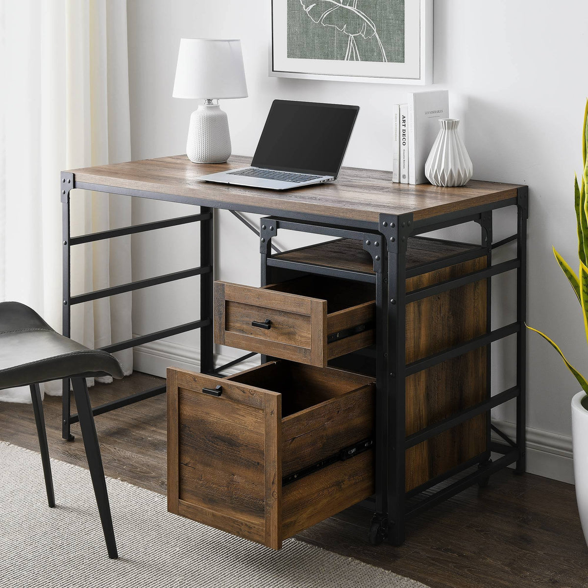 Angle Iron Writing Desk with 2 Drawer Filing Cabinet Reclaimed Barnwood Q66057