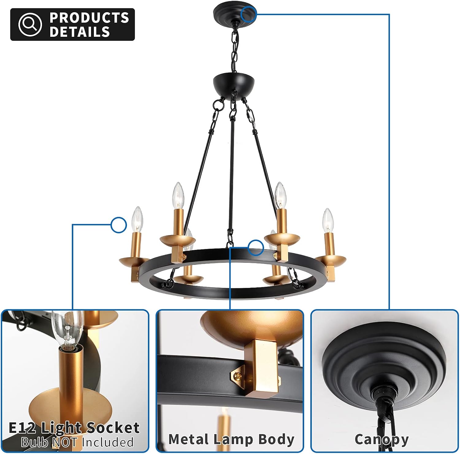 Black 6-Lights Round Wagon Wheel Chandelier Z400