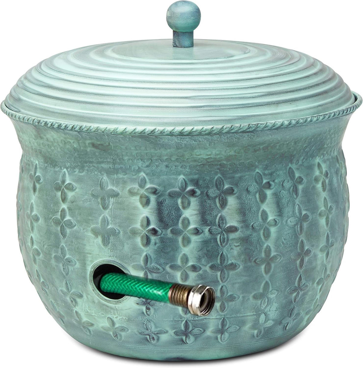 Copper Garden Hose Holder Storage Pot with Lid Antique Green Finish Lattice Steel U4742