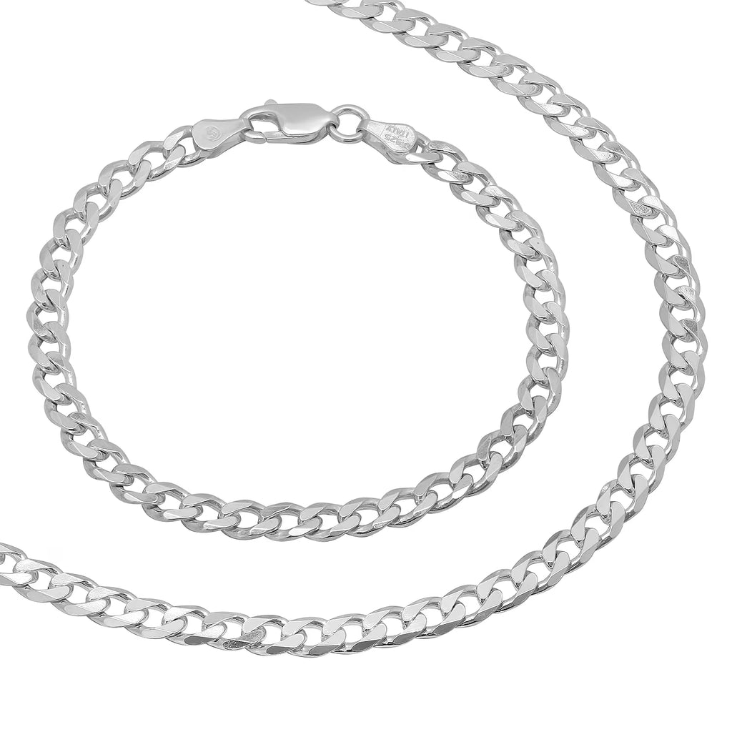 5mm Solid .925 Sterling Silver Flat Cuban Link Chain Necklace + Bracelet Set, 30" + 8" F4533
