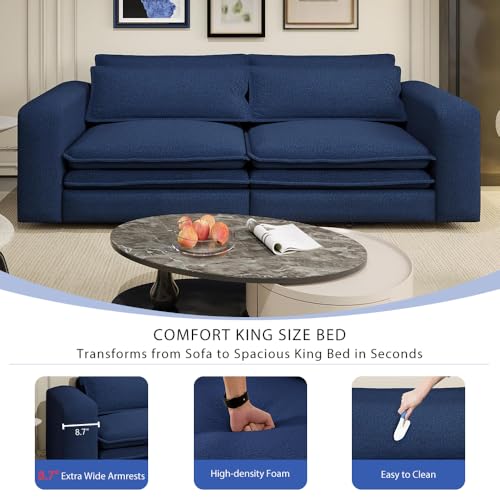 Blue 3 Seater Pull Out Sofa Bed with 2 Pillows Z893953