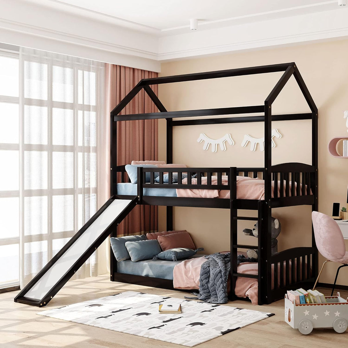 Twin Over Twin Metal Bunk Bed with Slide and Integrated Ladder N96525