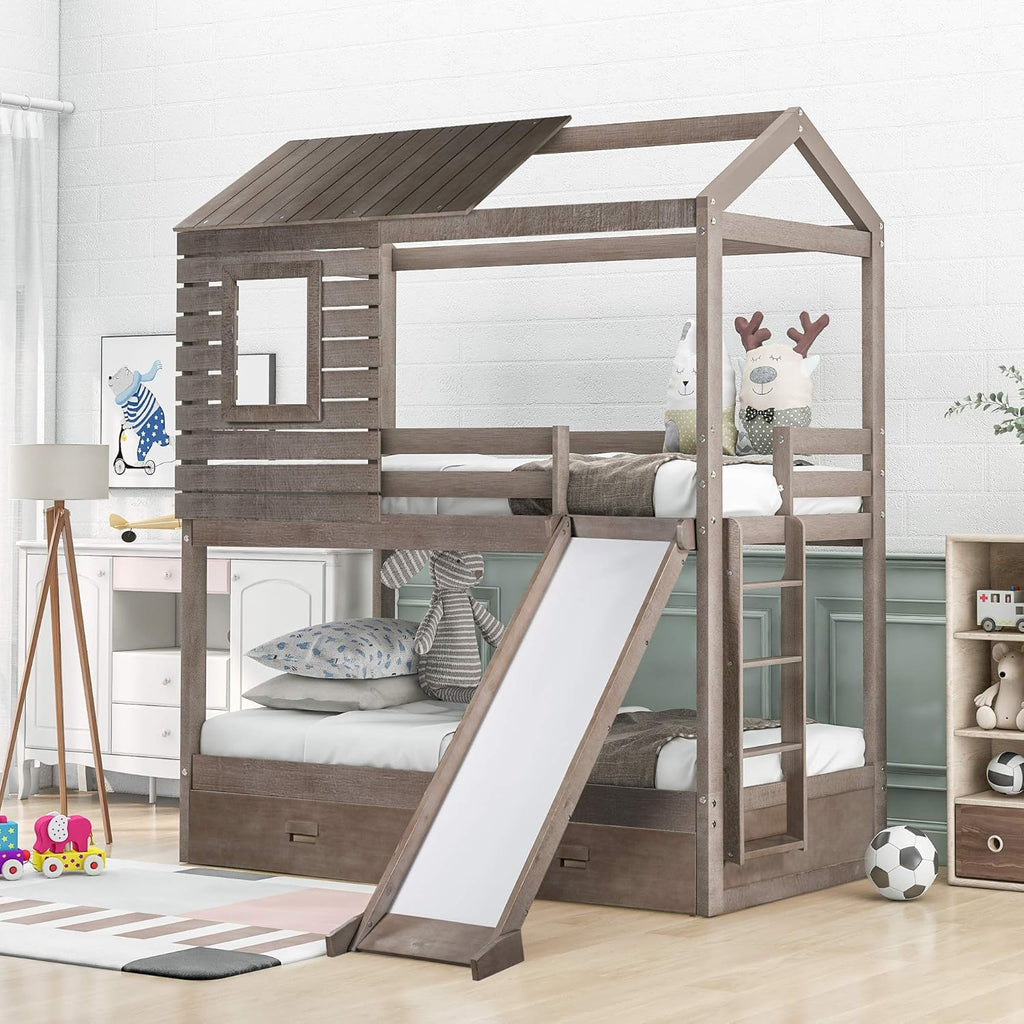 Twin Over Twin Metal Bunk Bed with Slide and Integrated Ladder N96525