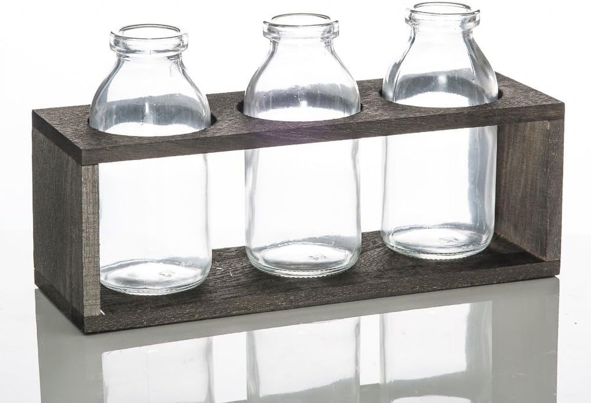 Vintage Milk Bottle Vases With Wooden Stand Set Of 6 O3537