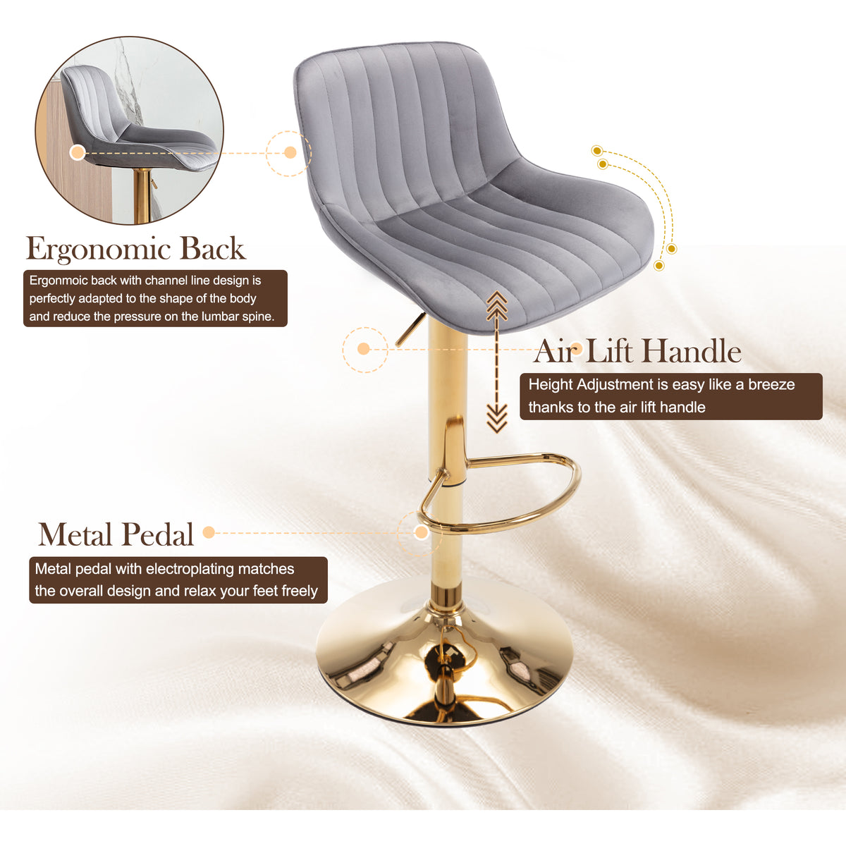 Gray Velvet Swivel Bar Stools Set of 2 X797259