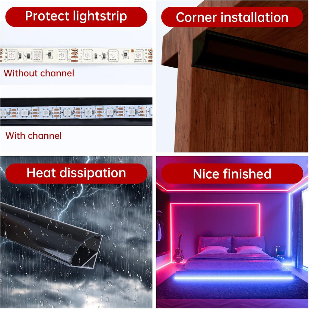 Black LED Channel System with Crystal Smoky Clear Cover Lens, Aluminum Extrusion Profile Strip Tape Lights V-Shape D565972