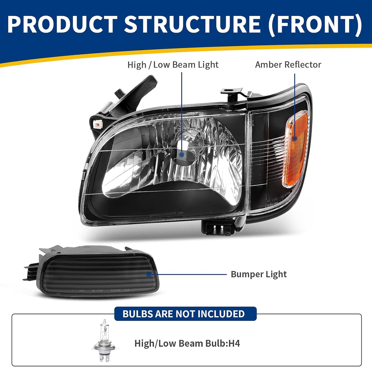Headlight Assembly Replacement for Tacoma 2001-2004 Pickup Truck Black Housing Amber Reflector Clear Lens with Bumper Lights A465