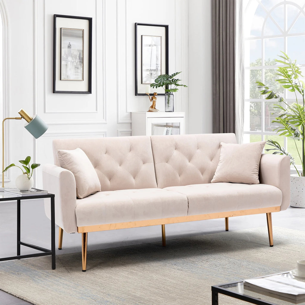 Beige Velvet Futon Sofa Bed with Two Pillows X923245