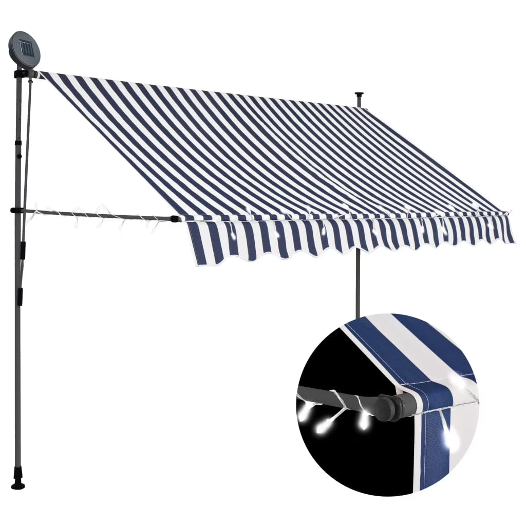 Manual Retractable Awning with LED Outdoor Door Canopy Sunshade Shelter Blue White 118.1 Inch F5695