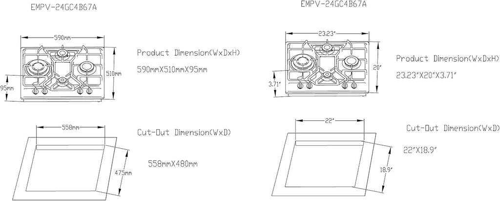 24 Inch Stainless Steel Gas Cooktop with 4 Burners N775807