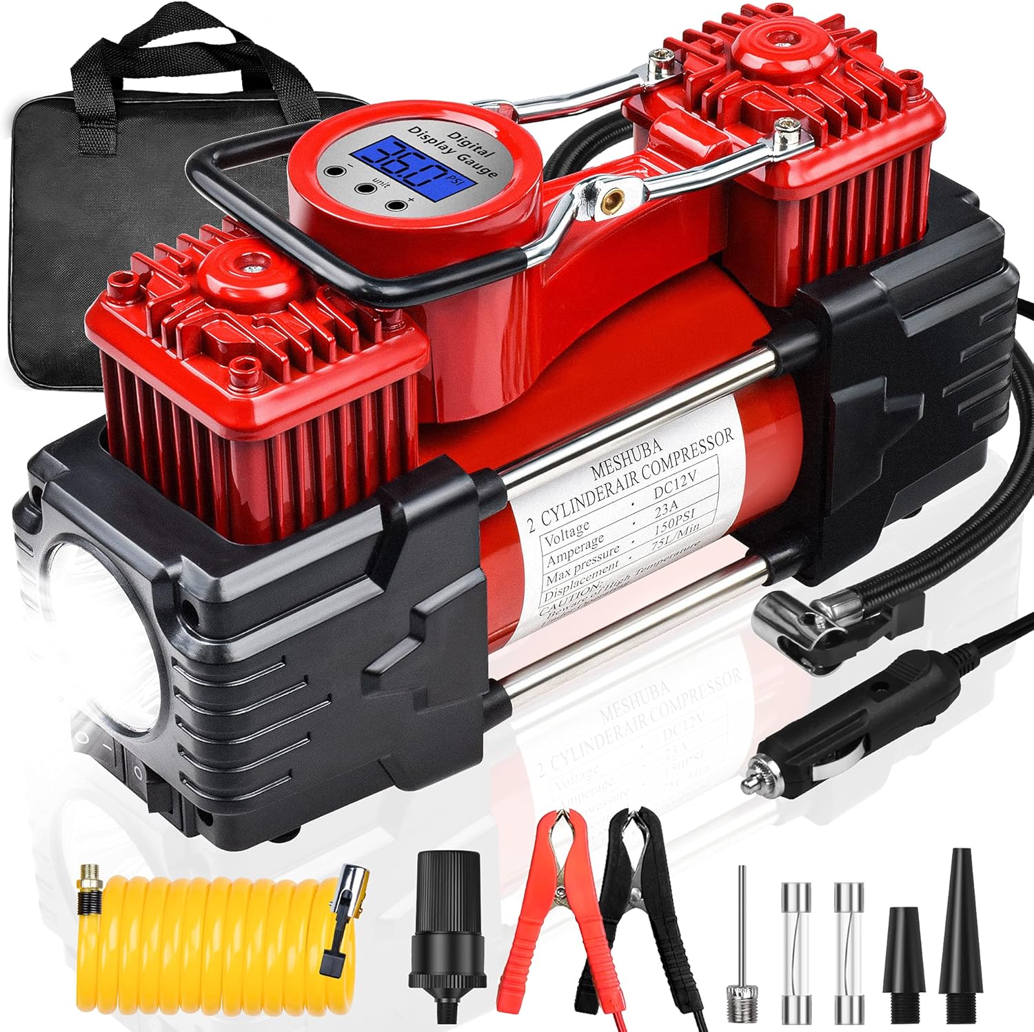 Red Pack of 2 Portable 12V DC Tire Inflator with Digital Gauge and LED Light P12725