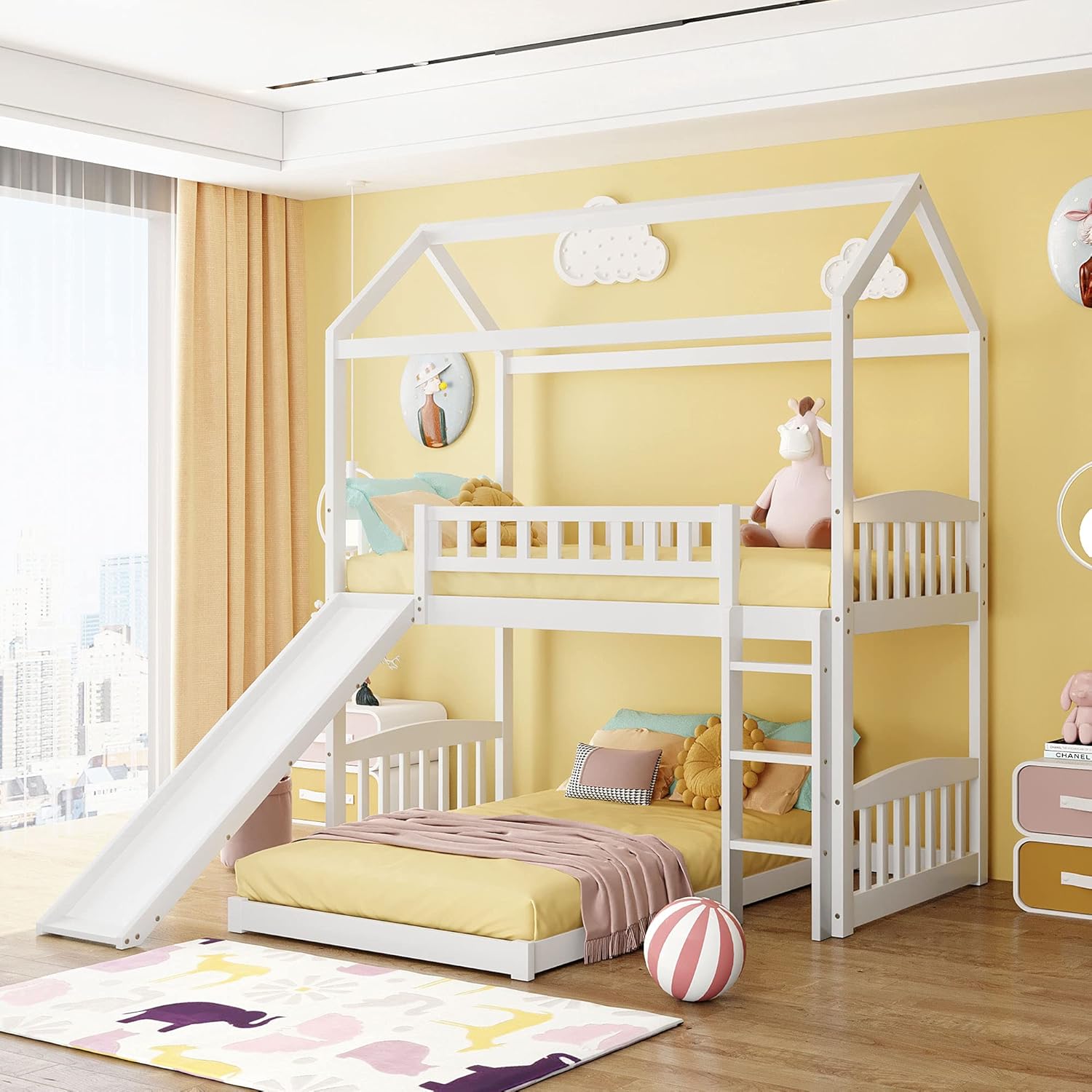 Twin Over Twin Metal Bunk Bed with Slide and Integrated Ladder N96525