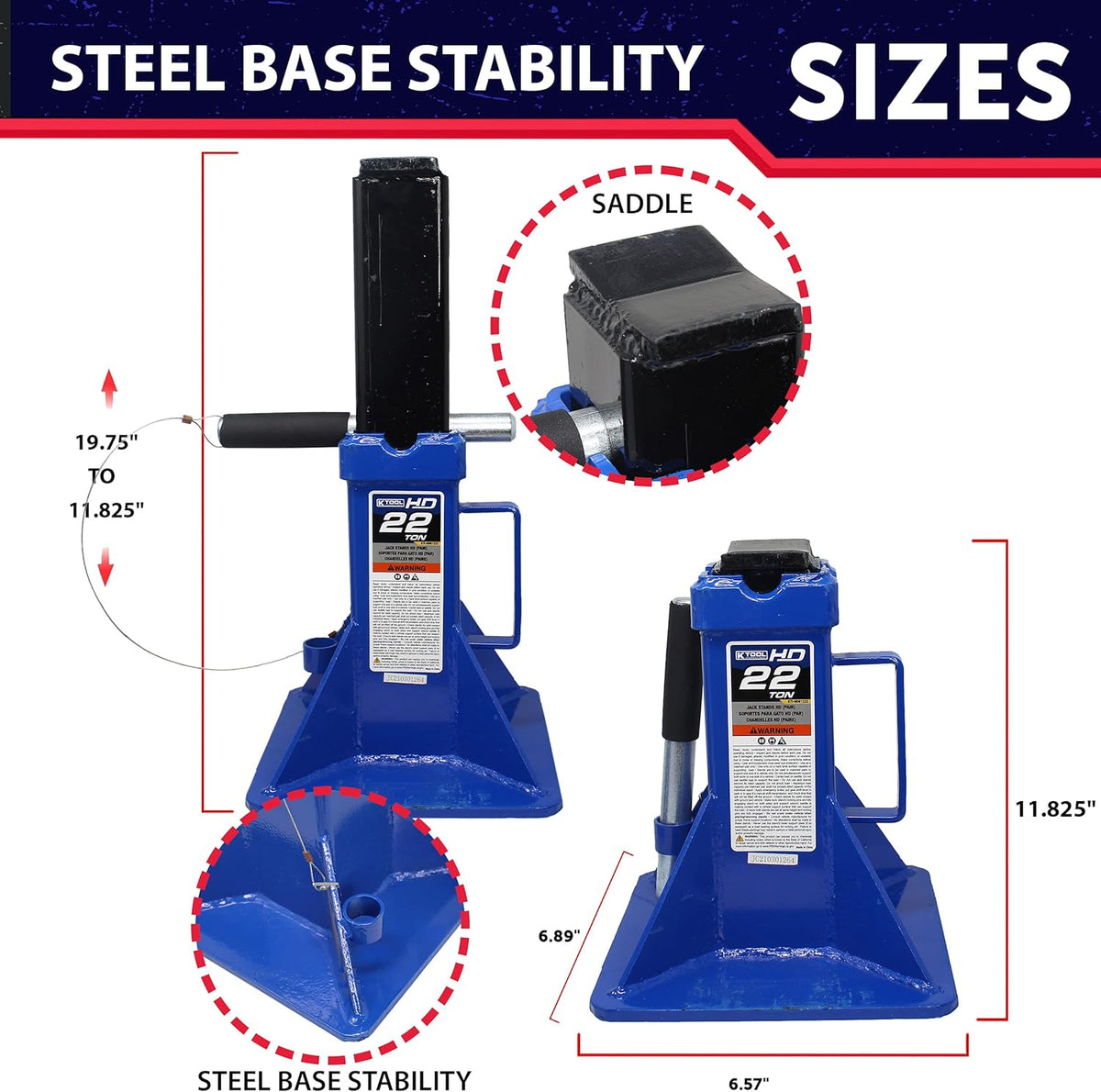 3 Ton Jack Stands Pair, Height Ranges 11 2/5" to 16 7/10", Pack of 2 A8103