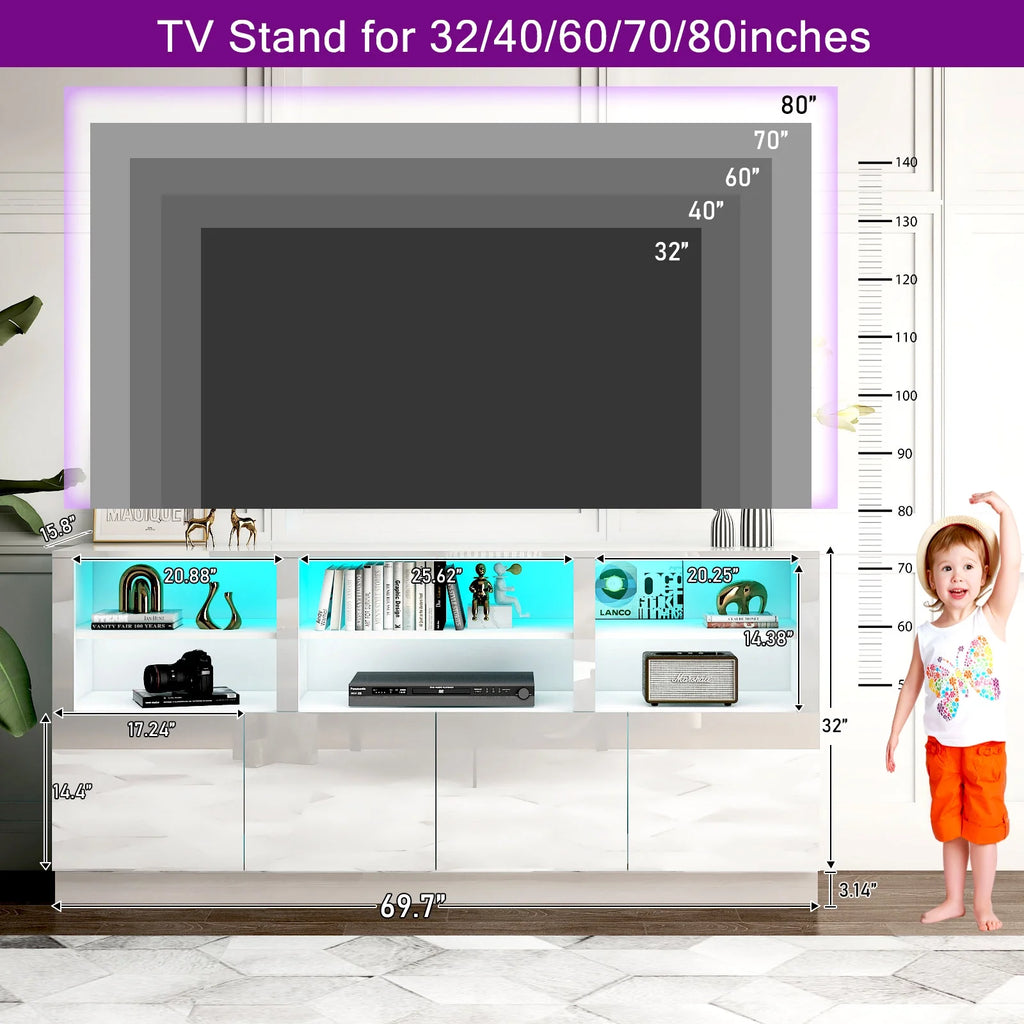 White 70" LED TV Stand with 6 Shelves and Storage Cabinets Z6056