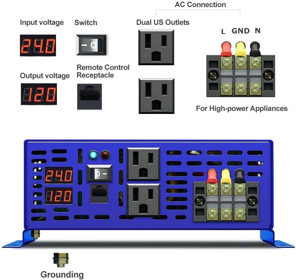 2000W Pure Sine Wave Power Inverter 24V DC to AC 120V with Remote Switch Z87595