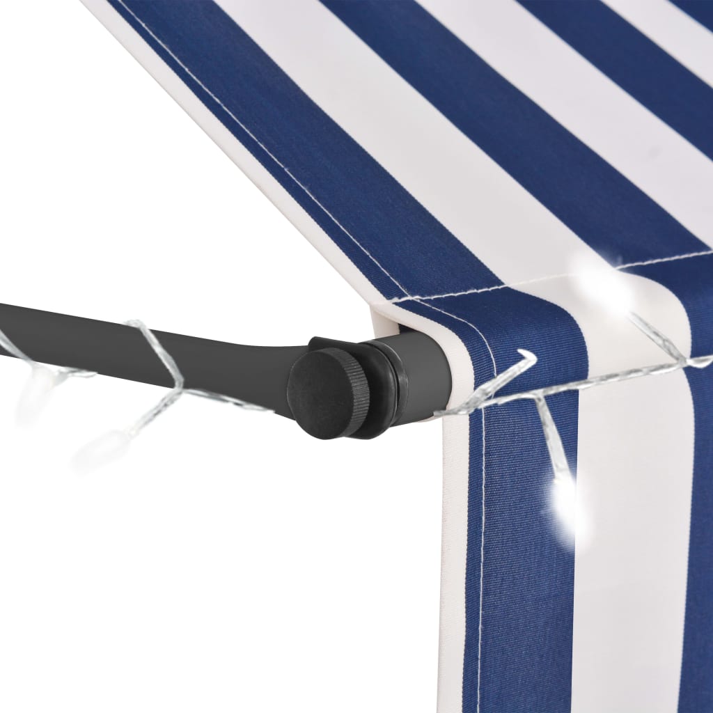 Manual Retractable Awning with LED Outdoor Door Canopy Sunshade Shelter Blue White 118.1 Inch F5695