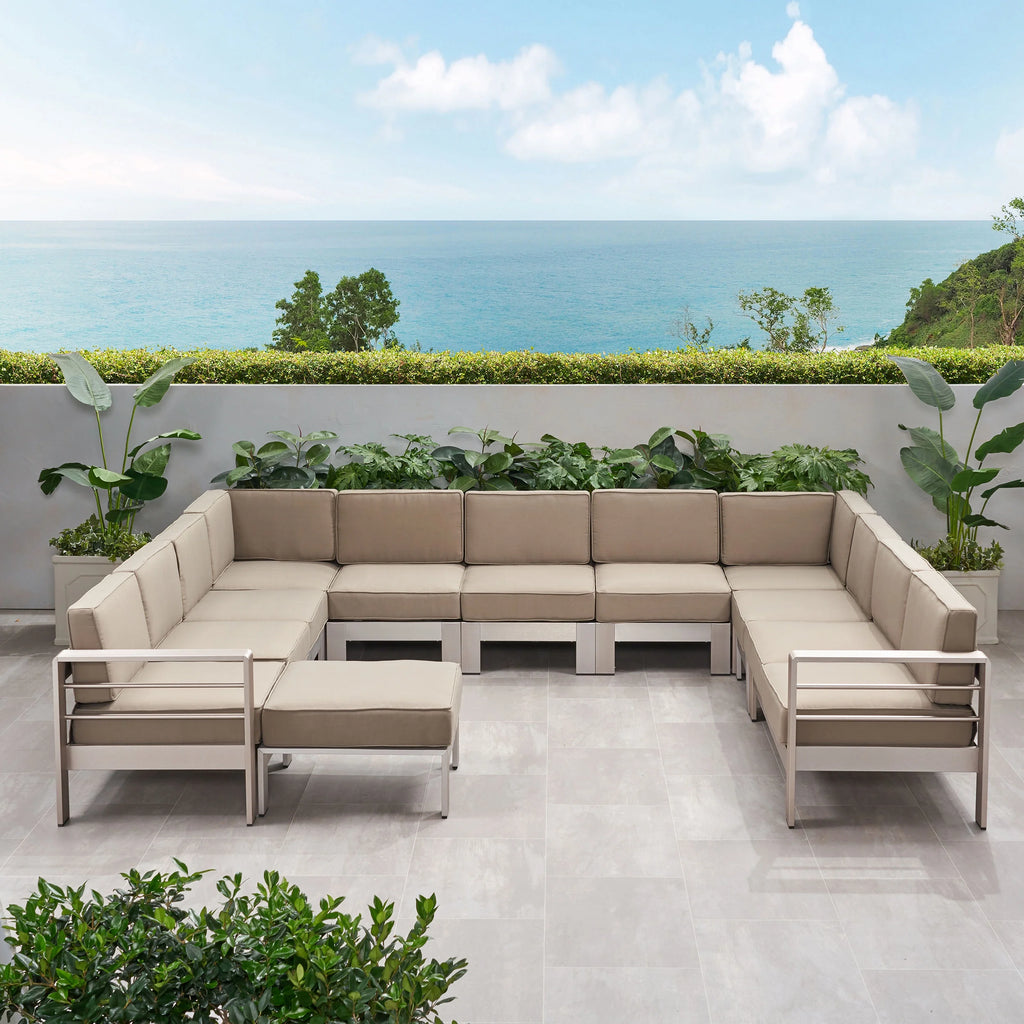 Silver and Khaki Outdoor Aluminum 11 Seater Sectional Sofa Set with Ottoman J192