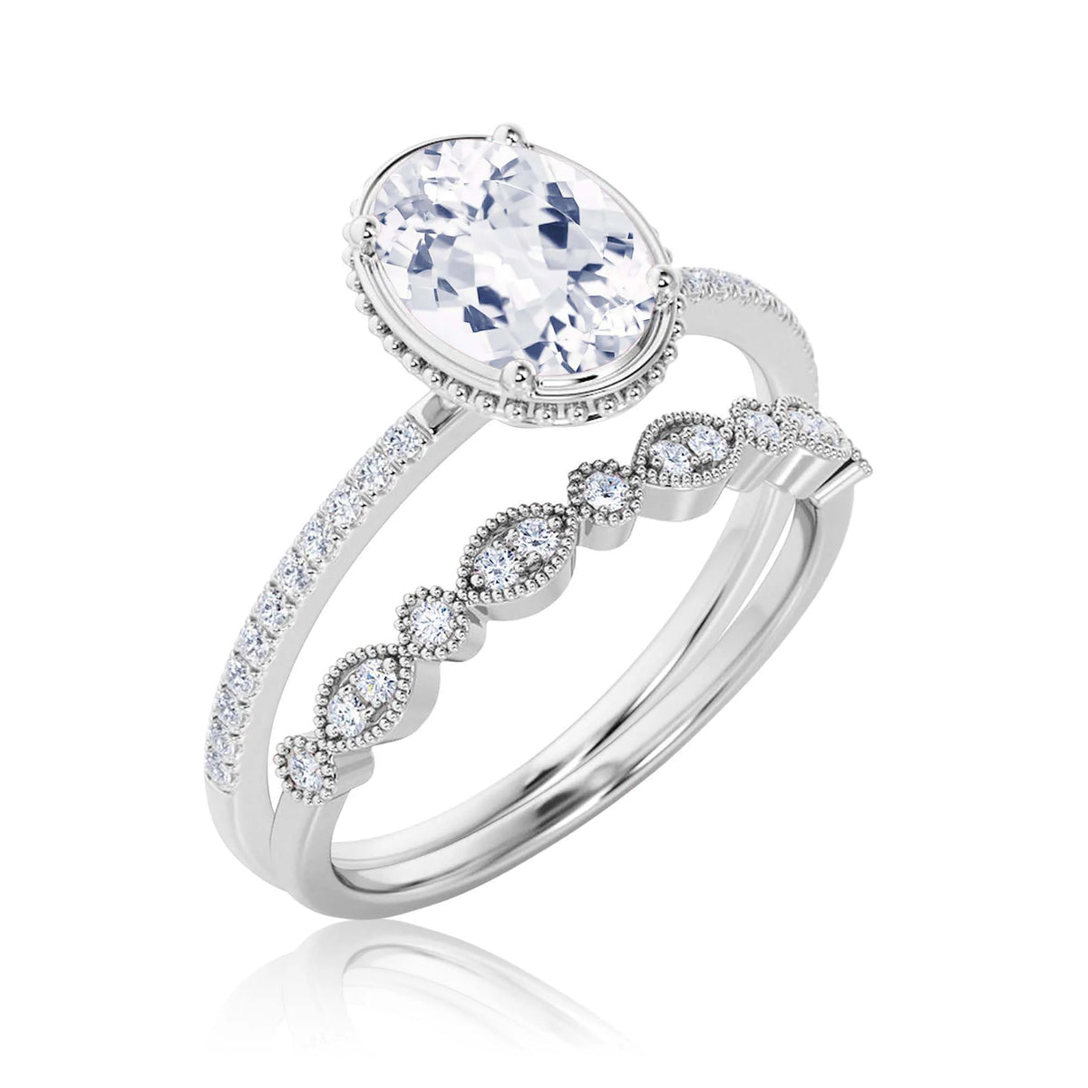 10k Solid White Gold Oval Cut Diamond Moissanite Engagement Ring with Matching Band Q759207