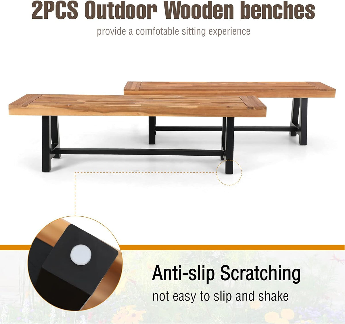 Outdoor Patio Bench Set of 2 Acacia Wood 63 Long Rectangular Dining Bench B1734