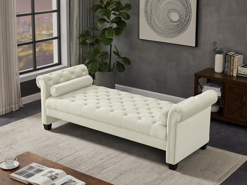 Ivory Velvet Upholstered Bench with 2 Pillows I2057