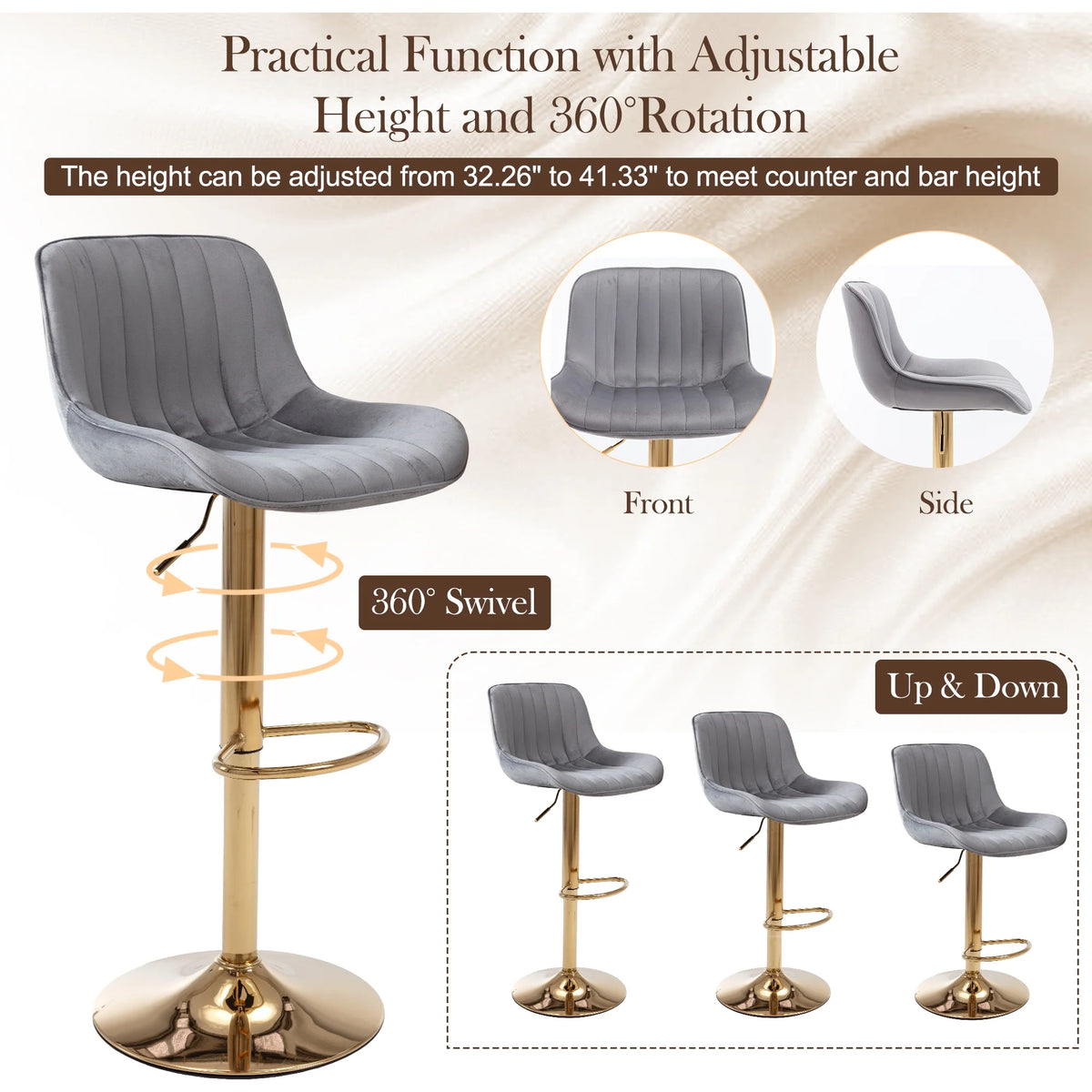 Gray Velvet Swivel Bar Stools Set of 2 X797259