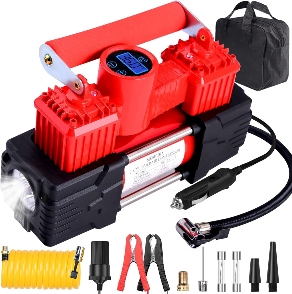Red Pack of 2 Portable 12V DC Tire Inflator with Digital Gauge and LED Light P12725
