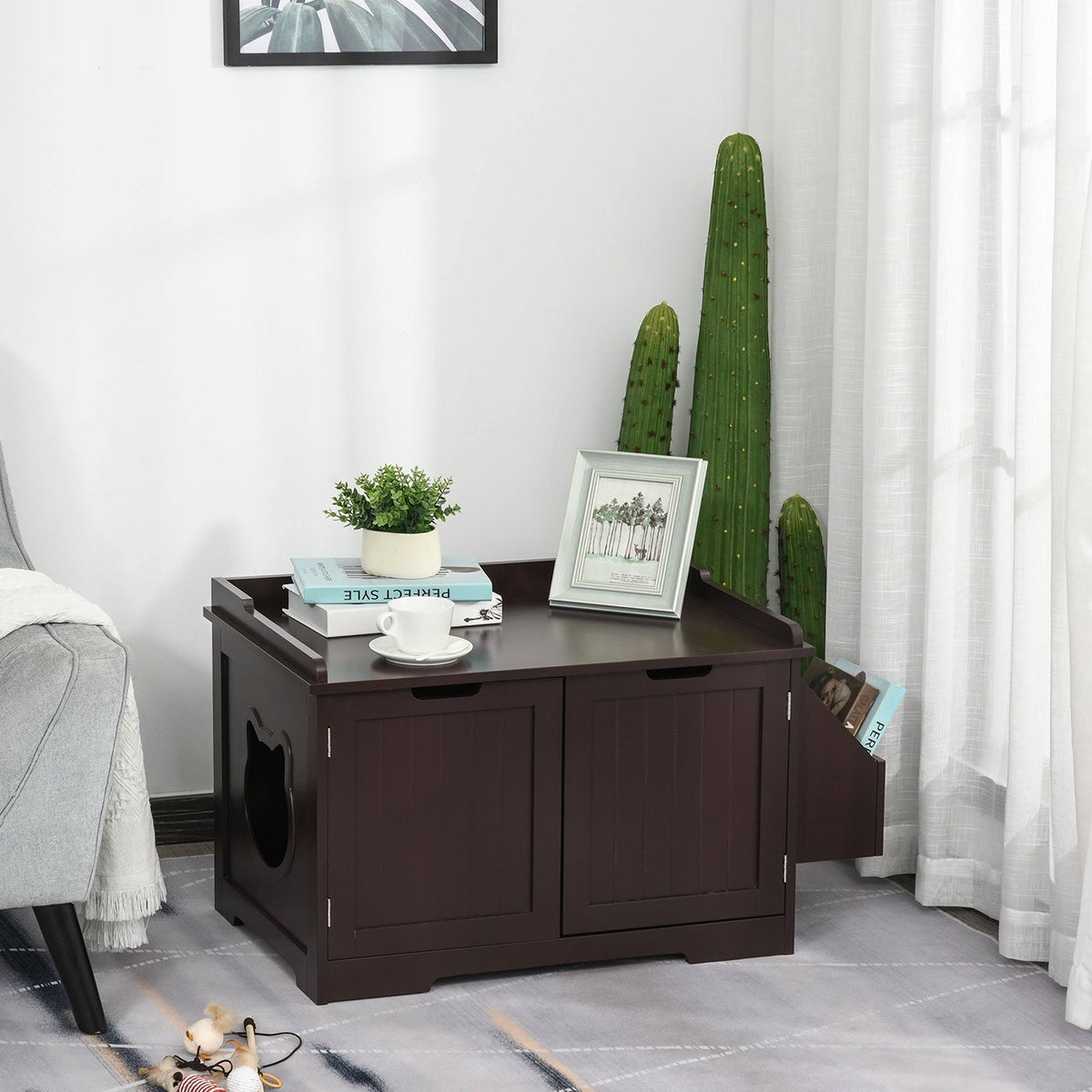 Brown Wooden Cat Litter Box Enclosure with Nightstand and Storage Rack Q42530