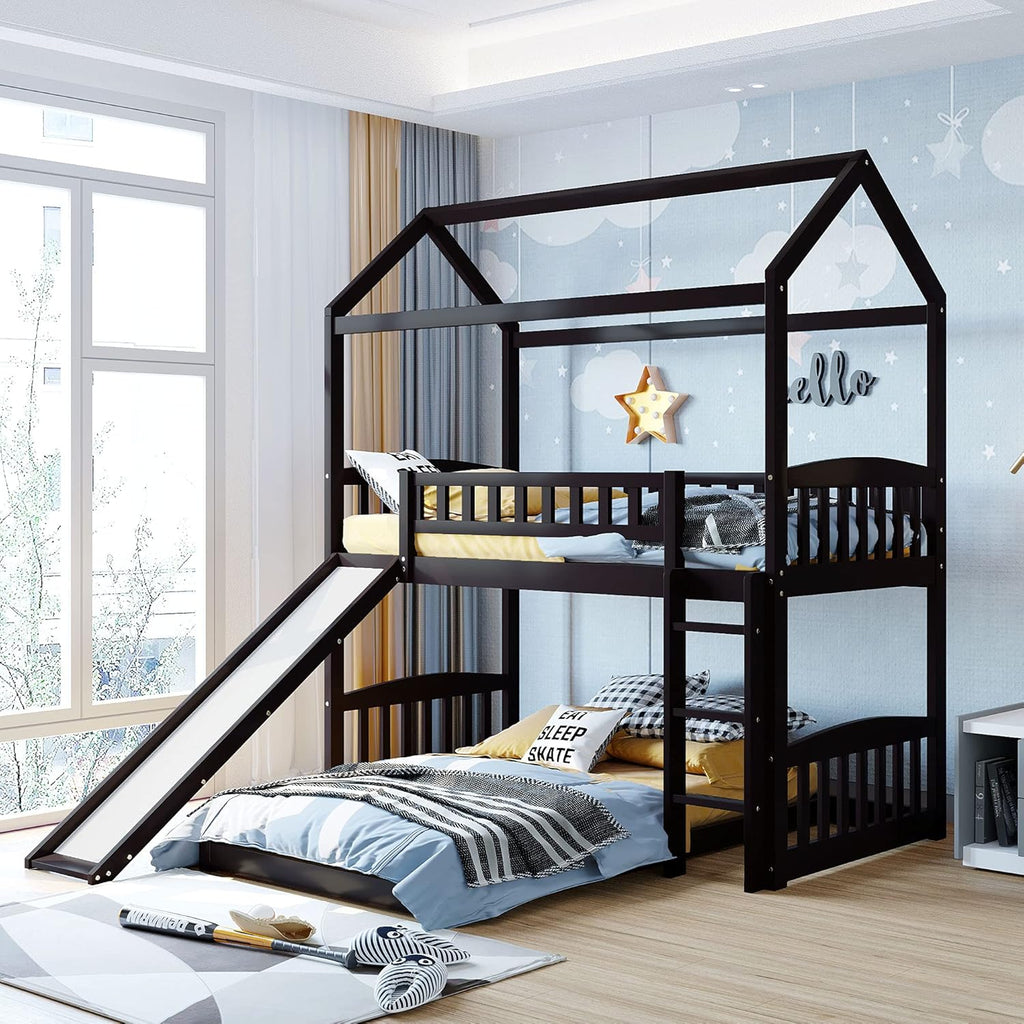 Twin Over Twin Metal Bunk Bed with Slide and Integrated Ladder N96525