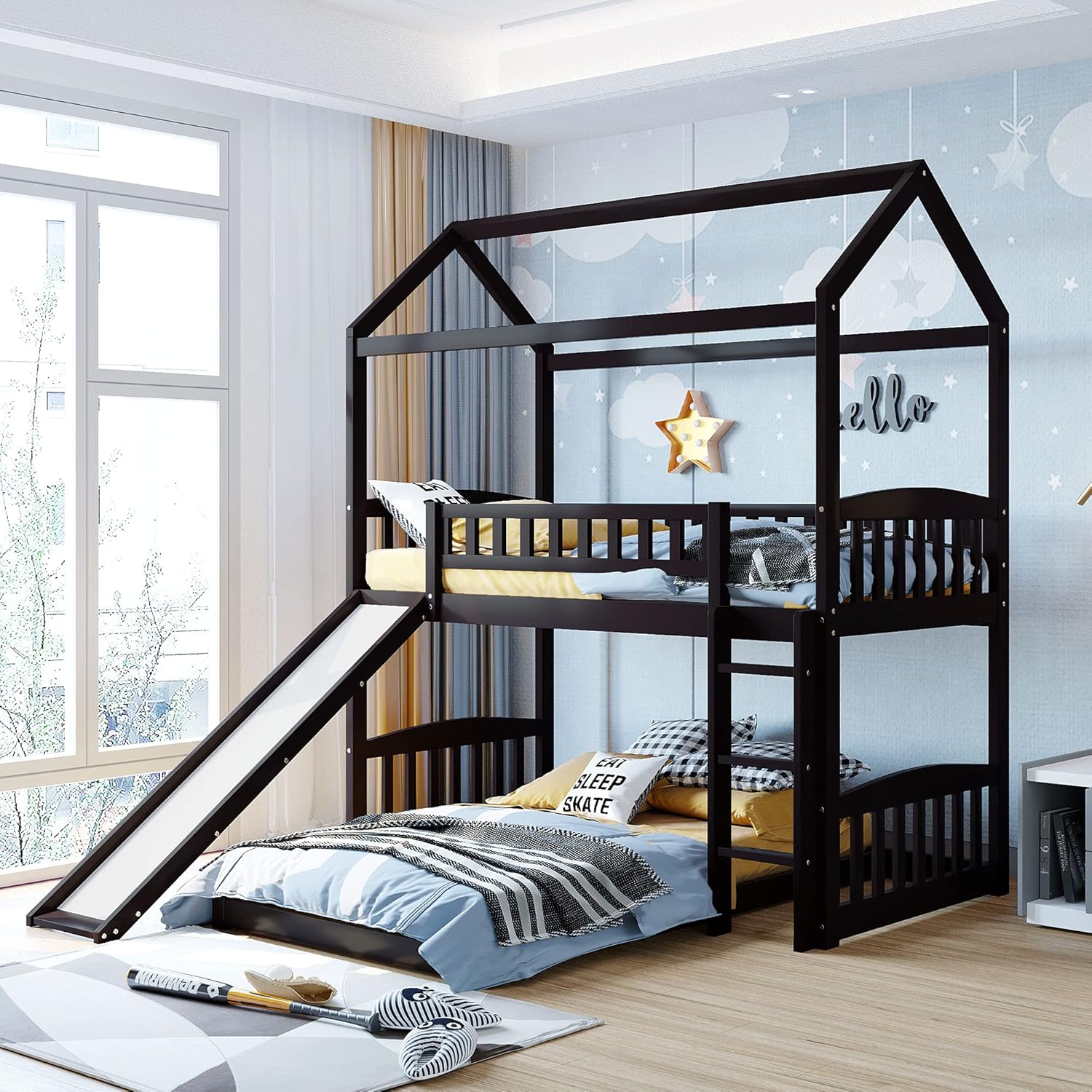Twin Over Twin Metal Bunk Bed with Slide and Integrated Ladder N96525