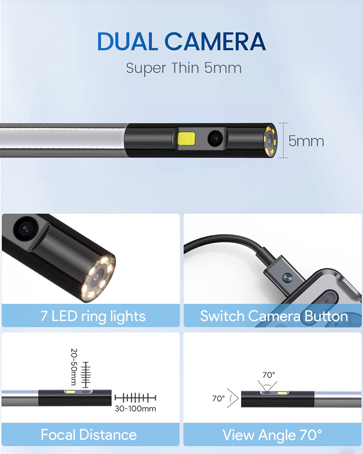 Dual Lens Borescope with LED Light, 5 IPS Screen, 16.4ft W824