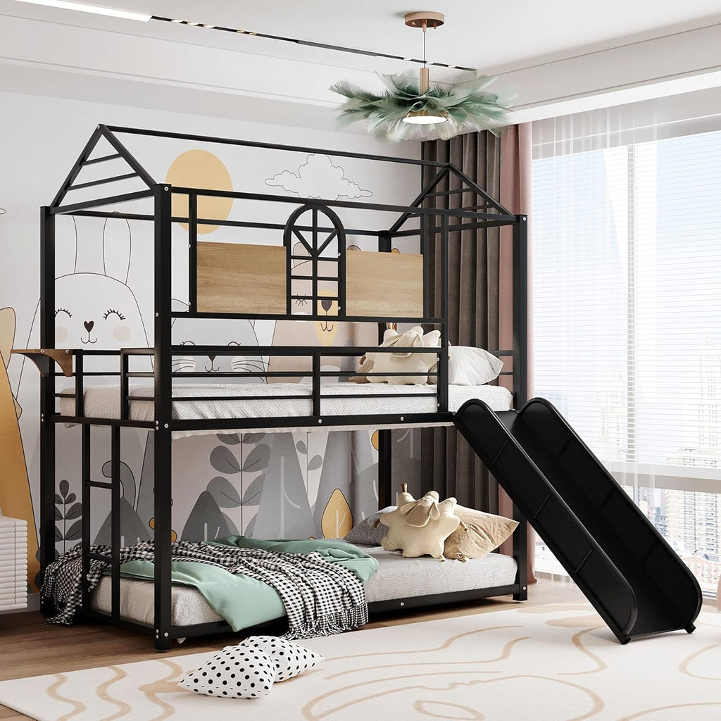 Twin Over Twin Metal Bunk Bed with Slide and Integrated Ladder N96525
