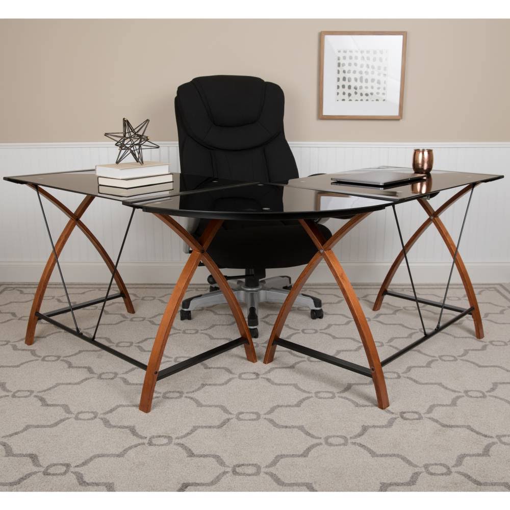 Glass L-Shape Desk with Pull-Out Keyboard Tray Q4492